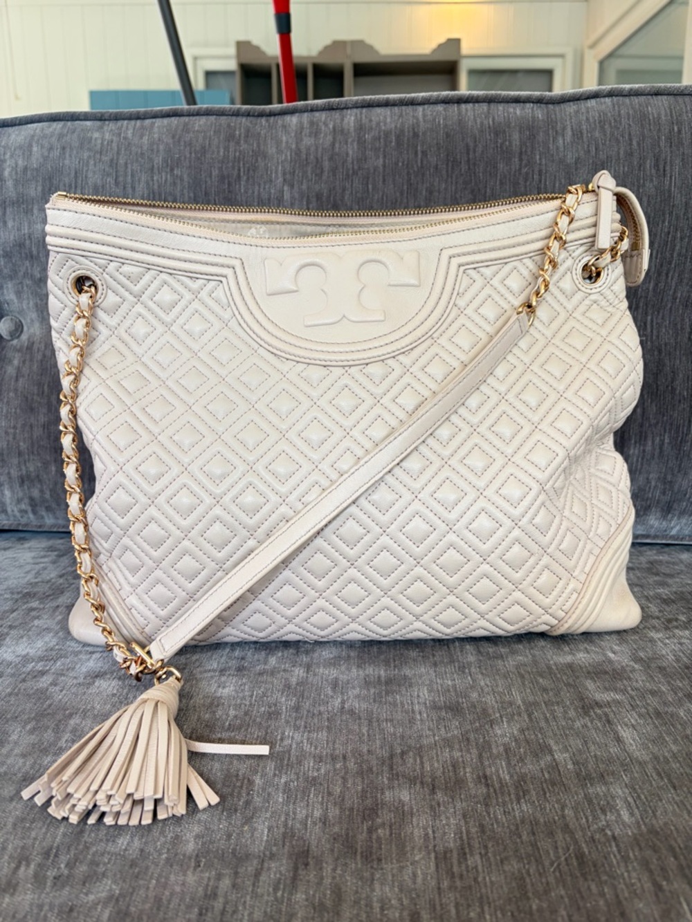 Tory Burch Quilted Leather Tassel Shoulder Bag in Cream